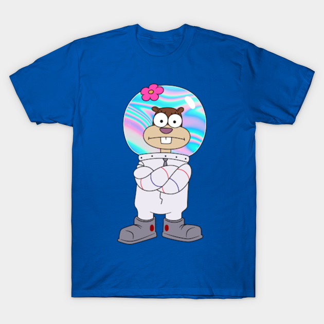 Squirrel Sandy Cheeks from Spongebob stands with his hands folded. Holographic helmet Sandy